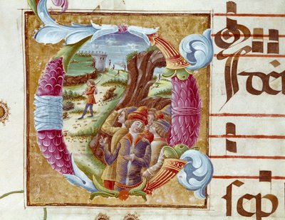 约瑟夫和他的兄弟的代表 15 世纪对唱书（Antiphonarium II）中的信封细节。 Cremone, Biblioteca Governmentativa 意大利 作者 未知艺术家