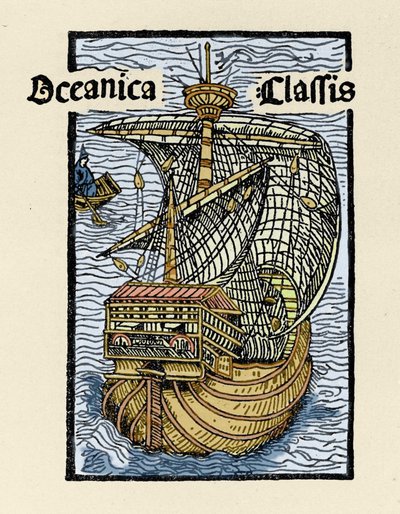克里斯托弗·哥伦布（Christopher Columbus，1451-1506 年）描绘的圣玛丽亚狂欢节。 雕刻自“De insulis in mare Indico superinventis”，Bale 1493-1494（哥伦布给西班牙国王的报告的拉丁语翻译）。 作者 未知艺术家