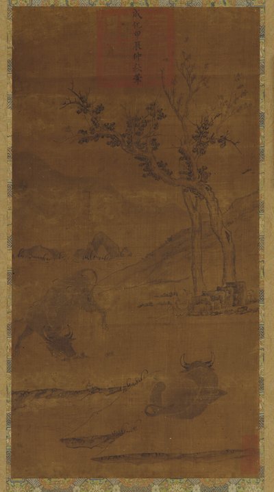 河流景观：两只水牛和一个打盹的牧童 作者 未知艺术家