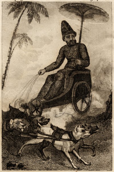 鲁滨逊·克鲁索（Robinson Crusoe）骑着六辆长途跋涉的战车，在丹尼尔·迪福（Daniel Defoe）的《鲁滨逊·克鲁索的复仇者》中插入了版画 作者 未知艺术家
