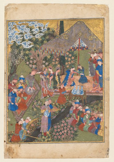 风景中的皇家接待》，右对开页，选自 Firdausi（波斯人，约 940-1019 年或 1025 年）《Shahnama》（国王之书）的双正面插图（背面） 作者 未知艺术家