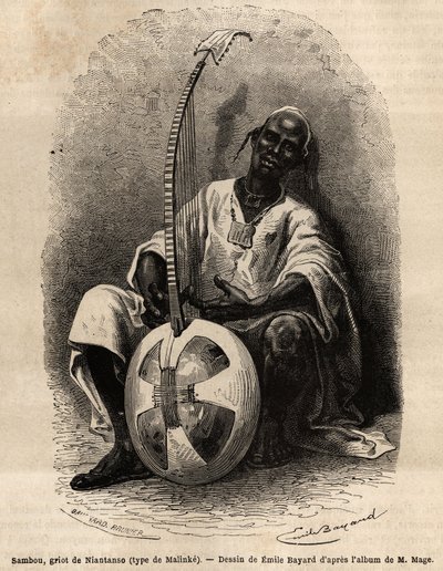 Sambou，尼安坦索（马里）的 griot（马林克语类型：西非语言（几内亚、塞内加尔、马里和科特迪瓦），诗人、音乐家、历史学家和讲故事的人，griot 是一个民族集体记忆的保存者。雕刻 为了说明这个故事 作者 未知艺术家