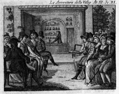 Carlo Goldoni（1707-1793）的漫画作品“The avventure della villeggiatura”（城市历险记）（1756 年）第三幕第 11 幕。 18 世纪的雕刻 作者 未知艺术家