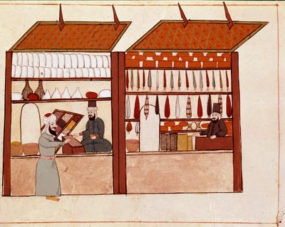 Shops in the streets of Constantinople. Miniature taken from a 19th century Cicogna manuscript (1828) after an original from the 17th century (1671). Venice, Biblioteca Marciana 作者 未知艺术家