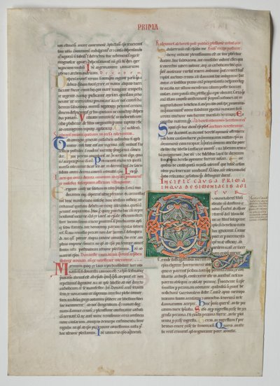 格拉蒂安 Decretum 中的一片叶子：装饰的首字母 Q[uidam habens filium obtulit] （"uidam habens filium obtulit"）。 作者 未知艺术家