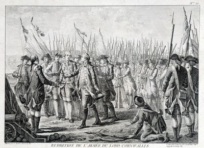 1781 年 10 月 19 日，康沃利斯勋爵 (1738 - 1805) 的英国军队向美国投降。 作者 Unknown artist