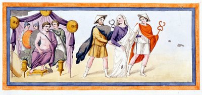 Talthybios 和 Eurybates 在 Achilles 面前带走了处女 Briseis，后者站在 Myrmidones 的帐篷里。 Iliad Chant I, v 345。雕刻于 18 世纪末。 作者 未知艺术家