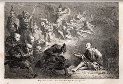 天狗或梦魔，日本民间传说中的小神，变异，他以乌鸦的形式出现，被赋予了神奇的力量，是日本艺术、戏剧和文学的热门主题。1863年至1864年的日本之旅的插图，作者是艾姆。 作者 未知艺术家