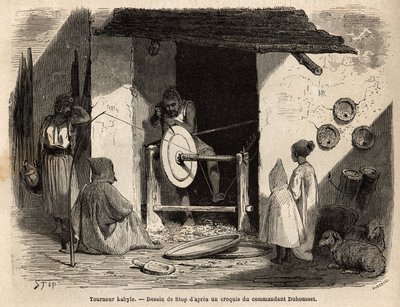 工匠特纳 Kabyle 在他的工作室制作了一个巨大的木制公寓，用于所有用途，家庭和农业，在卡比利亚（阿尔及利亚）。 雕刻以说明 186 年在地中海和 Djurjura 之间前往伟大的 Kabilie 的游览 作者 未知艺术家