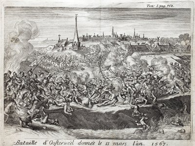 1567年3月13日举行的奥斯特维尔战役（荷兰，荷兰），这是八十年战争（1567-1648年）的第一次对峙。弗拉米亚努斯-斯特拉达创作的 "佛兰德斯战争史 "的插图，约瑟夫-特尔斯特文斯版 作者 Unknown artist