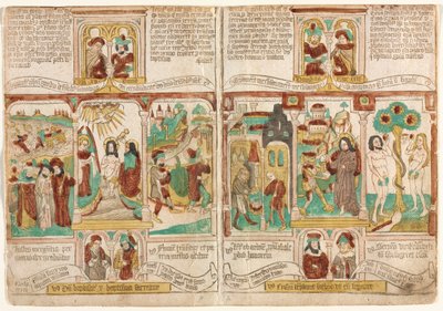 穷人的圣经》（Biblia Pauperum）、
法老的军队淹没在红海中；基督受洗；摩西的间谍带着葡萄从迦南返回
以扫出卖雅各的生有权；基督的诱惑；亚当和夏娃的诱惑 作者 未知艺术家
