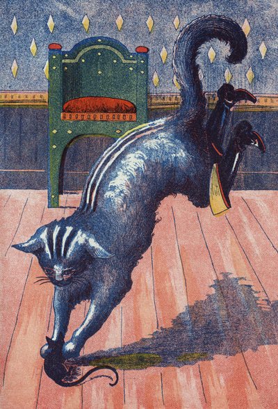 猫扔在食人魔身上，变成了一只老鼠。法国作家Charles Perrault (1628-1703)的故事《Le chat Botte》的插图。匿名插图。图片来源：马塞尔-瓦涅，贾维尔-南希，无日期（19世纪末）。 作者 未知艺术家