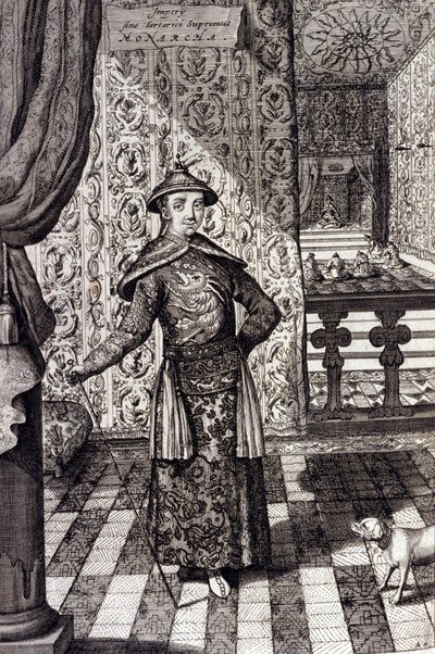 中国皇帝和鞑靼人的最高统治者--中国皇帝康熙（1652-1722）清朝，由阿塔纳修斯-基尔彻（1601-1680）雕刻，出自《中国纪念碑，qua sacris qua profanis》1667--中国皇帝康熙（1652-1722）清朝。 作者 未知艺术家