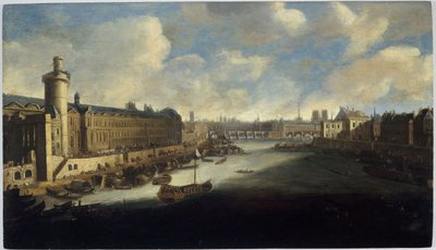 卢浮宫大画廊，包括新门、新桥、西堤、在建的四国领事馆和马拉凯码头，约 1665 年。塞纳河上，皇家帆船，1660 年至 1670 年（木板油画） 作者 未知艺术家