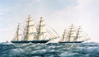 1866 年“Ariel”和“Taeping”之间的大帆船赛将新的茶叶作物从中国带到伦敦（彩色石版画） 作者 未知艺术家
