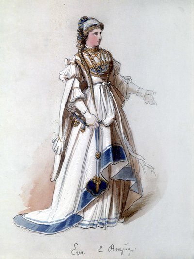 纽伦堡歌手大师 (Die Meistersinger von Nürnberg)，理查德·瓦格纳创作的歌剧：伊娃首次演出时的服装。 瓦格纳博物馆拜罗伊特。 作者 未知艺术家