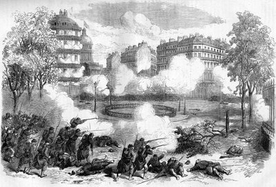 1871 年的巴黎公社。 1871 年 5 月 24 日，在血腥一周（1871 年 5 月 22 日至 28 日）开始时，德西西将军的军队袭击了万神殿前的联邦（公社）路障。 作者 未知艺术家