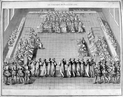1561 年的波瓦西座谈会 (Poissy)。在中心的是法国国王查理九世 (1550-1574) 和太后凯瑟琳·德·美第奇 (Caterina de Medicis) (1519-1589)。 作者 未知艺术家