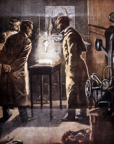 伦琴 (Rontgen) 或 X 射线。 1895 年发现。代表实验的插图。 作者 未知艺术家
