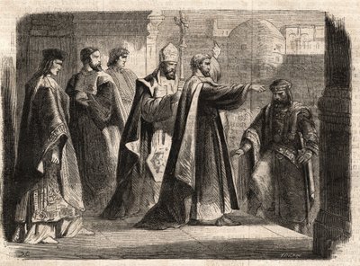 米兰大主教圣安布罗斯（Aurelius Ambrosius，Ambrogio di Milano，340-397）禁止罗马皇帝狄奥多西一世（Flavius Theodosius）（347-395）进入教堂，以惩罚他在390年对塞萨洛尼卡的屠杀 - Excommunicati 作者 未知艺术家