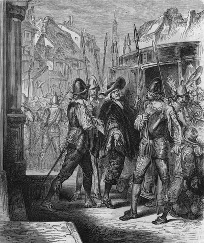 1648年，在奥地利的安妮的命令下，皮埃尔-布鲁塞尔（1575 - 1654）被逮捕，这引起了人民的救济（街垒的日子）和弗龙德。1866年的版画。 作者 未知艺术家