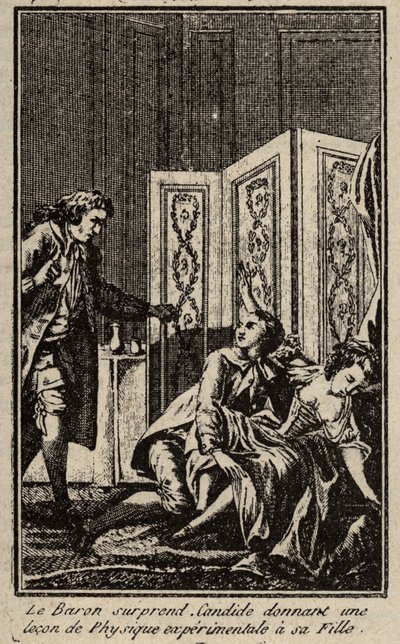 男爵给女儿Frontispice上了一堂实验物理课，这让Candide很吃惊，因为Francois Marie Arouet dit Voltaire的《Candide》。 作者 未知艺术家