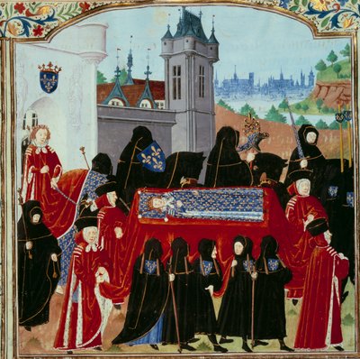 The body of the late King Charles VI (1368-1422) is carried away, behind the procession the new King Charles VII (1403-1461) the 22/10/1422 Miniature from the manuscript “” Chronicles of Charles VII”” (Ms. fr. 2691) by Jean Chartier 作者 未知艺术家