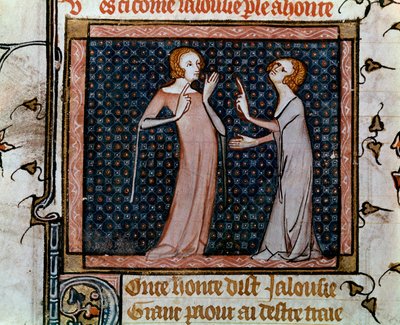 Jean de Meun、Jean de Meung 或 Jean Chopinel、Jean Clopinel（约 1240-1305 年）在“罗马德拉玫瑰”中的百叶窗和羞耻微型座谈会，约 1370 年。巴黎，圣吉纳维夫图书馆 作者 未知艺术家
