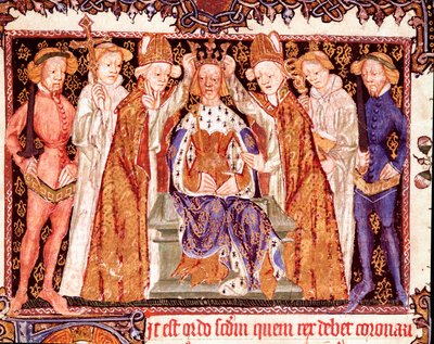 国王的加冕礼 可能是英格兰国王理查二世 (1367-1400)。 加冕仪式手稿“Liber regalis”的缩影，14 世纪潘普洛纳，纳瓦拉档案馆 作者 未知艺术家