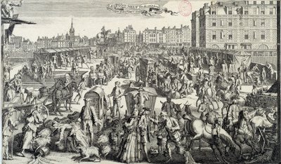 巴黎新桥的尴尬。 18 世纪巴黎街道交通和交通拥堵的插图。 1710 年雕刻。巴黎，卡纳瓦莱博物馆 作者 未知艺术家