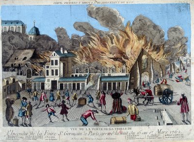1762 年 3 月 16 日至 17 日晚上在巴黎圣日耳曼集市的火焰，从特莱耶的门口看到。 18 世纪的雕刻 作者 未知艺术家