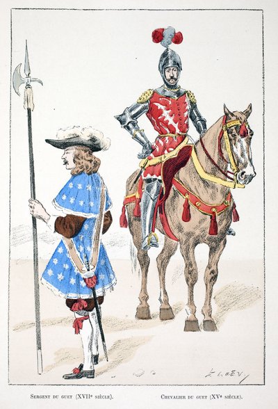 17世纪的哨兵军士和15世纪的骑士。 蚀刻颜色，作为插图 “”Histoire du corps des gardiens de la paix ””” ”由塞纳河警察局长 Louis Lepine (1846-1933) 赞助出版的书 作者 Unknown artist