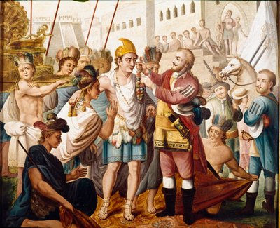 The meeting between Hernan (or Hernando) Cortes or Fernand Cortez (1485-1547) and the Aztec king Montezuma (or Moctezuma: 1466 - 1520) in November 1519 Anonymous painting of the 19th century. Museum of America, Madrid. 作者 未知艺术家