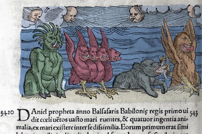 先知丹尼尔看到怪物出现：Haniel、Kafziel、Azriel、Aniel。 Wolfhart (Conrad Lycosthene) 1557 年雕刻的“The Book of Prodigiorum Ac ostentorum Chronicon Basileae” 作者 未知艺术家