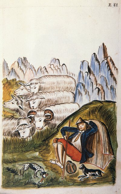 牧羊人和他的羊群，摘自特鲁希略主教巴尔塔萨-马丁内斯-孔帕尼翁（1782-1785）的《秘鲁特鲁希略》或《马丁内斯-孔帕尼翁法典》。 作者 未知艺术家