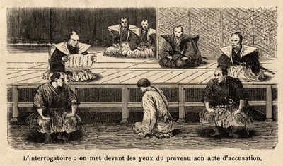 正义的阶段：审讯，向站在法官面前的被告宣读起诉书，膝盖，脖子被警卫拿着的绳子拉住。 雕刻说明 1863 年至 1864 年前往日本的航行，由瑞士大臣艾梅·亨伯特 (Aime Humbert) 绘制 作者 未知艺术家