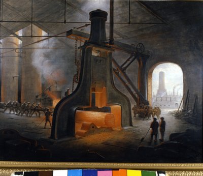 由 J. Nasmyth 发明的蒸汽锤（鼓手）正在曼彻斯特的冶金厂中使用。 匿名绘画 作者 未知艺术家