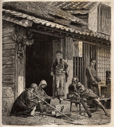 日本一家乡村旅馆的门槛，女主人为她们的常客充当主人。瑞士联邦部长艾梅-亨伯特（Aime Humbert）为说明1863-1864年的日本之行而绘制的版画，载于《世界之行，新的声音杂志》（Le tour du monde, nouveau journal des vo）。 作者 未知艺术家