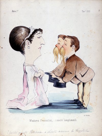 孪生兄弟佩利奇亚 (Pelliccia) 收到了意大利女高音 (Erminia Frezzolini)（1818-1884 年）。 19 世纪的卡通。 作者 未知艺术家
