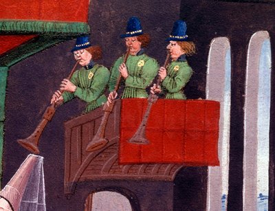 The wedding banquet of Clarisse, daughter of King Yvon of Gascony and Renaud Detail representing the trumpet players. Miniature from the manuscript “Renaud de Montauban” or “Les quatre fils Aymon” by Loyset Liedet (active between 1448 and 1478). Ms. 5073.  作者 未知艺术家