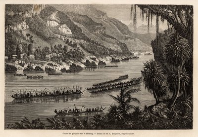 Traditional canoe race on the Mekong River, organized every year at the end of the rainy season, as a prestigious competition between the fishing and farming villages nearby the river. Engraving to illustrate the voyage of exploration in Indochina, by Fran 作者 未知艺术家