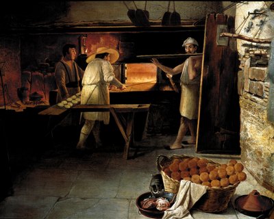 面包店内部的景象 面包师在炉子里烘烤面包。18世纪的匿名绘画。罗马，Museo del Folklore 作者 未知艺术家