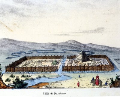 View of ancient Babylon: in the center the temple and the hanging gardens. Burning sd. early 19th century. 作者 未知艺术家