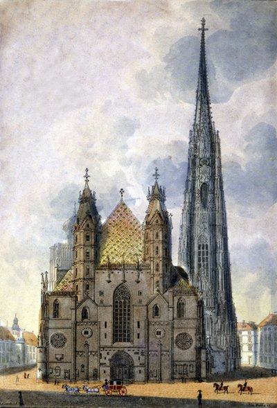 18 世纪末从奥地利维也纳看圣斯蒂芬大教堂（St. Stephen 或 Stephansdom 或 St. Stephane 或 St. Stephan Kirche）。 作者 未知艺术家