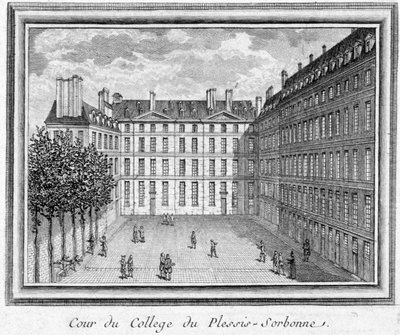 Plessis Sorbonne 学院（巴黎）法院的景观，该学院由 Geoffroy du Plessis Balisson 于 1323 年创立，于 1848 年和 1849 年由 ENA 使用。 雕刻保存在 Carnavalet 博物馆。 作者 未知艺术家