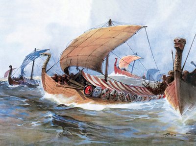 Viking boat in transit towards Normandy, watercolor 作者 未知艺术家