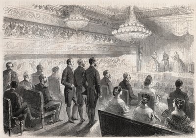 普鲁士的威廉一世（1797-1888）对贡比涅的访问：在拿破仑三世（1808-1873）的见证下在宫殿剧院举行的晚会 - 雕刻在 "插图世界 "中 作者 未知艺术家