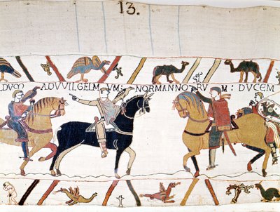 征服者威廉一世（1027 - 1087）在解放英格兰国王哈罗德二世（1022 - 1066）后与他会面。贝叶挂毯，被称为玛蒂尔德皇后的刺绣 作者 未知艺术家