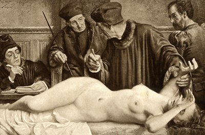 巫术。 科学家们正在寻找女巫身上的痣，以便捏它并研究它的反应。 E. Van Hoove 的插图。 1888年 作者 Unknown artist