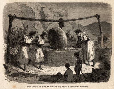 妇女的工作，碾磨橄榄，这是 Djurjura（阿尔及利亚）的主要农产品之一。 1864 年，指挥官 Duhousset 在“Le tour du mo 作者 未知艺术家